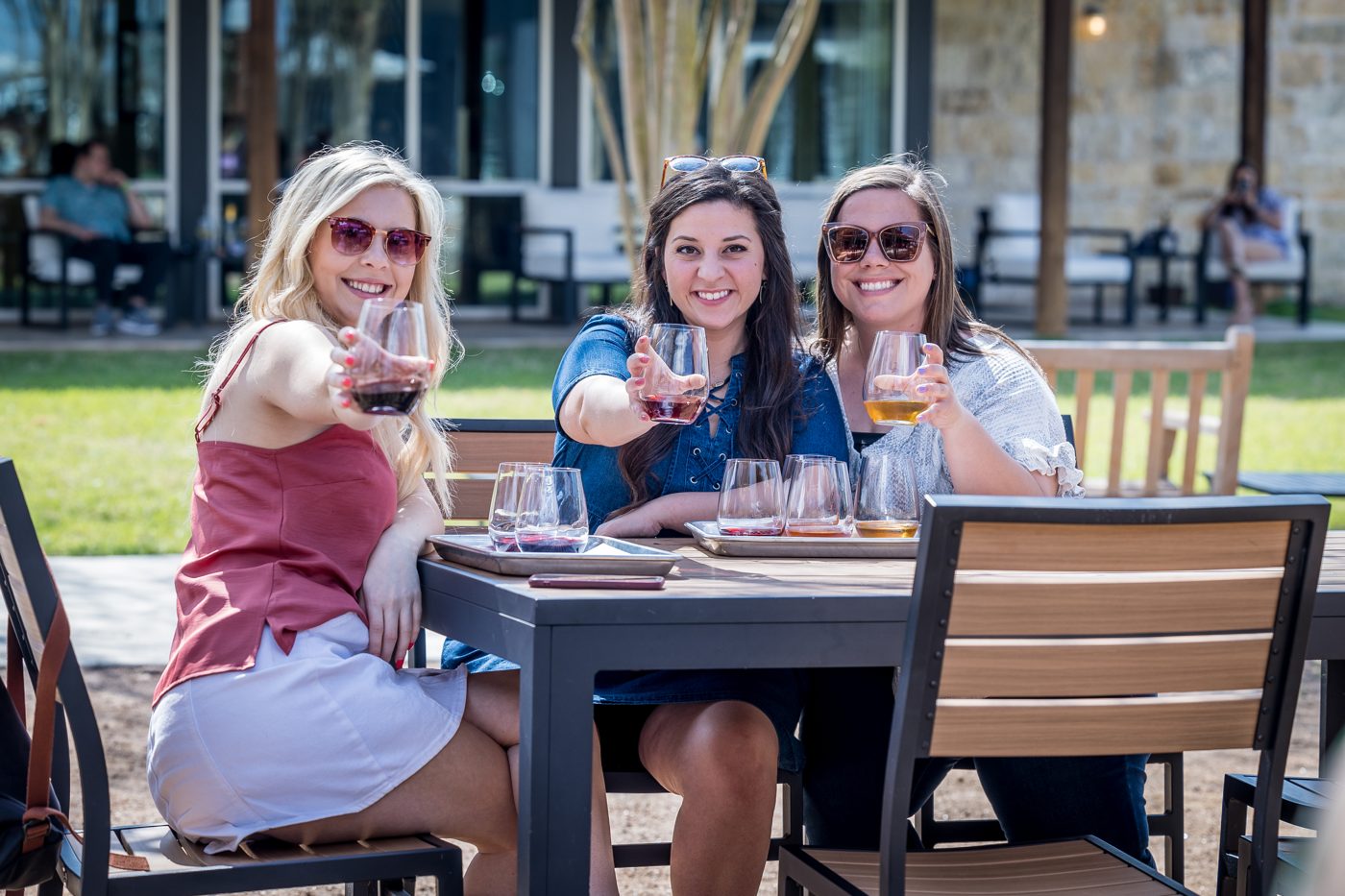 Three friends raising glasses on a winery patio